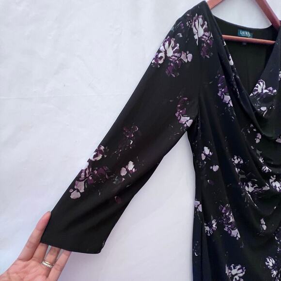 Lauren Ralph Lauren Women's Floral Black V-Neck Ruched 3/4 Long-Sleeve Dress 14P - Picture 5 of 9